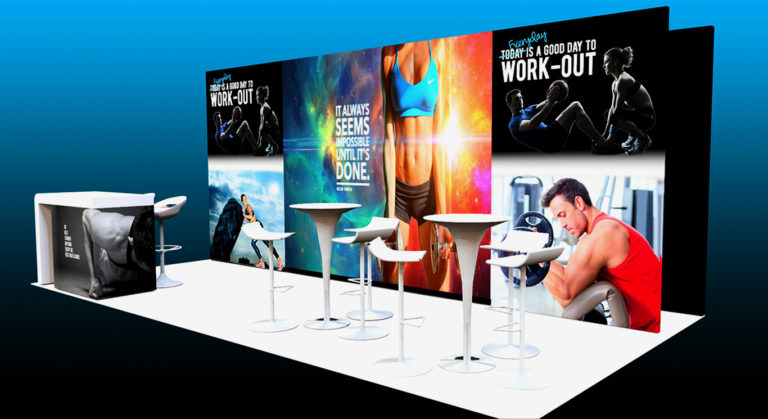 Sports theme led video wall trade show booth 10 feet by 20 feet with chairs and waterfall counter