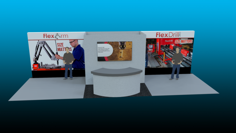 center podium inline booth with dual presentation areas