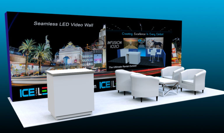 10x20 trade show exhibit with video wall meeting area reception counter icepresenter las vegas exhibit rentals