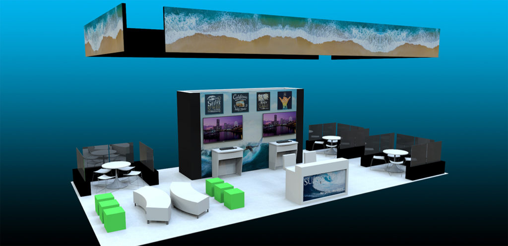 20x40 Large exhibit rentals video wall meetings areas, Sema, CES, Money 2020, NAB